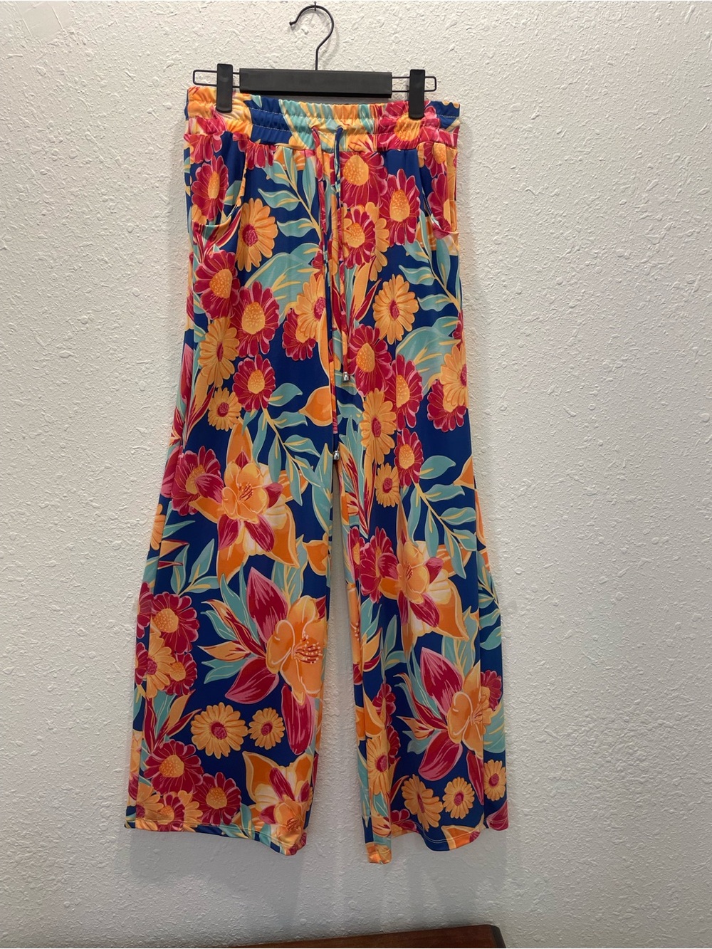 Wide Leg Floral Print Pants - Navy with Yellow & Pink